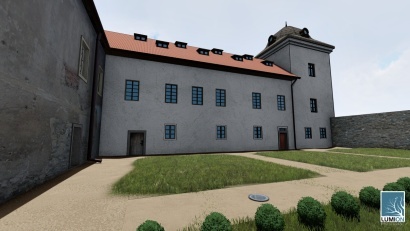 1 Východní pohled na 3D model západní části zámku z nádvoří v roce 2020